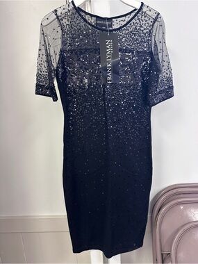 Frank Lyman Design Black Sequin Mesh Sleeve Midi Dress